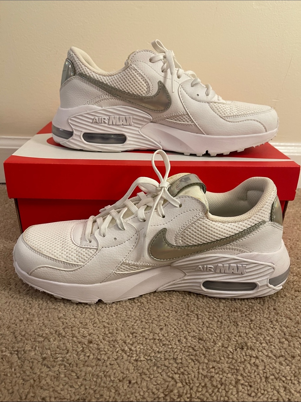 Nike Women's White Air Max Sneakers with Iridescent Silver  swoosh 9 1/2